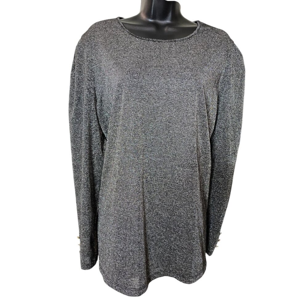 Liz Claiborne Black & Silver Metallic Holiday Top Size 0X  (XL-1X)